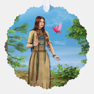 Native American Woman Forest Bird Art Ornament Card