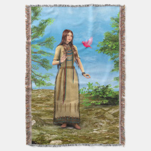 Native American Woman Forest Bird Art Throw Blanket