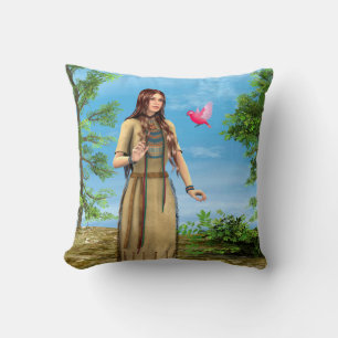 Native American Woman Forest Bird Art Throw Pillow