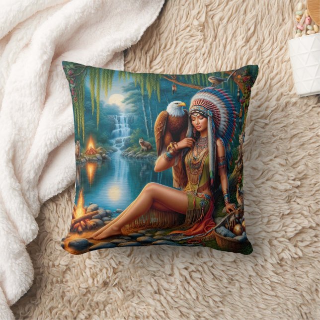 Native American Woman Holding Eagle By Lake Throw Pillow (Blanket)