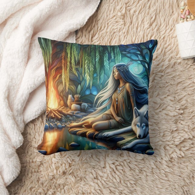 Native American Woman Meditates By Fire With Wolf Throw Pillow (Blanket)