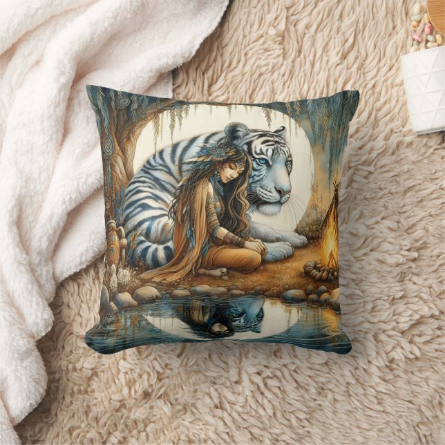 Native American Woman Meditating by Water Throw Pillow (Blanket)