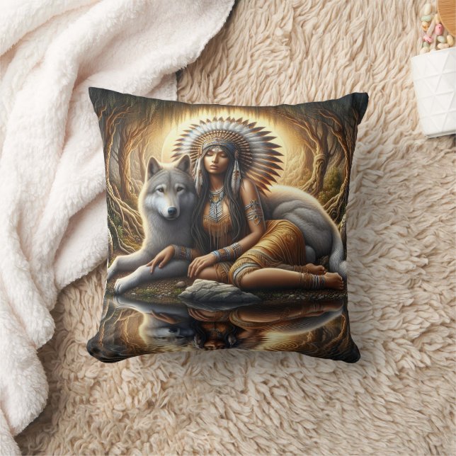 Native American Woman Merging With Wolf Reflection Throw Pillow (Blanket)