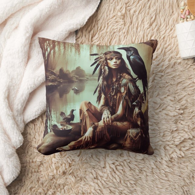 Native American Woman Posing With Raven by River Throw Pillow (Blanket)