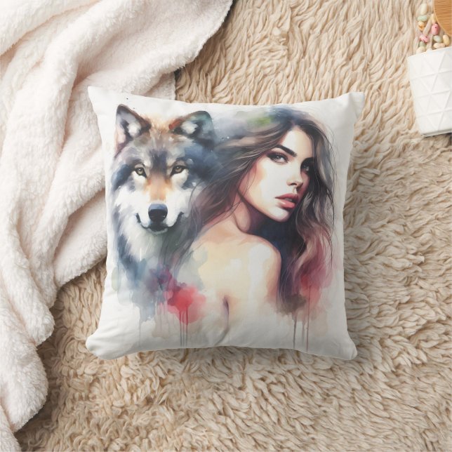 Native American Woman Posing With Wolf Throw Pillow (Blanket)