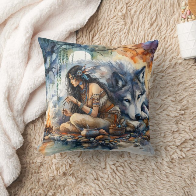 Native American Woman Preparing Food With Wolf Throw Pillow (Blanket)