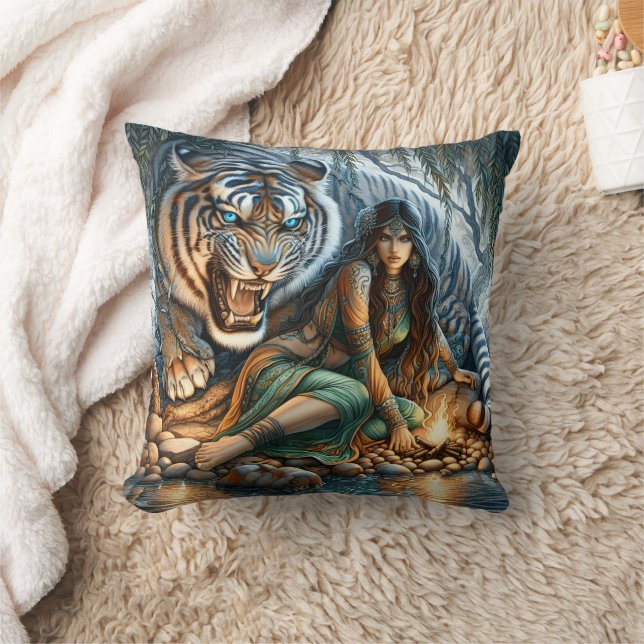Native American Woman Relaxing by a Tiger Throw Pillow (Blanket)