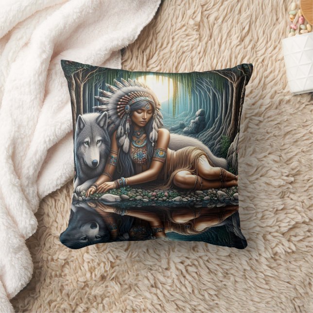 Native American Woman Relaxing By A Wolf Throw Pillow (Blanket)