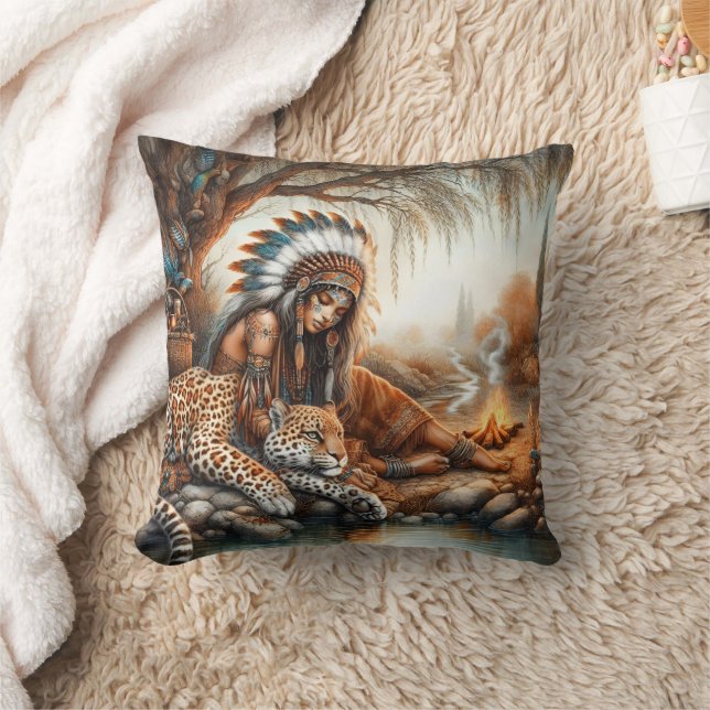 Native American Woman Relaxing by River  Throw Pillow (Blanket)