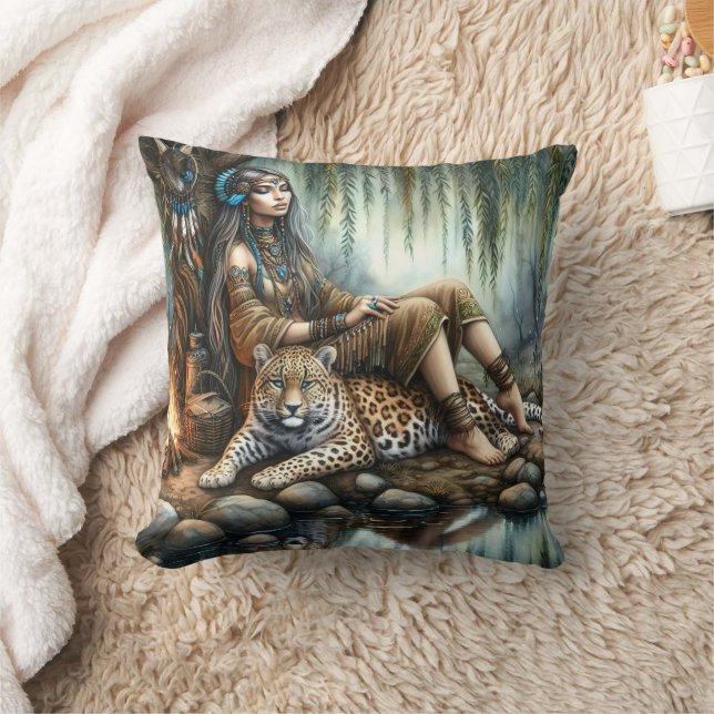 Native American Woman Relaxing by Water With Tiger Throw Pillow (Blanket)