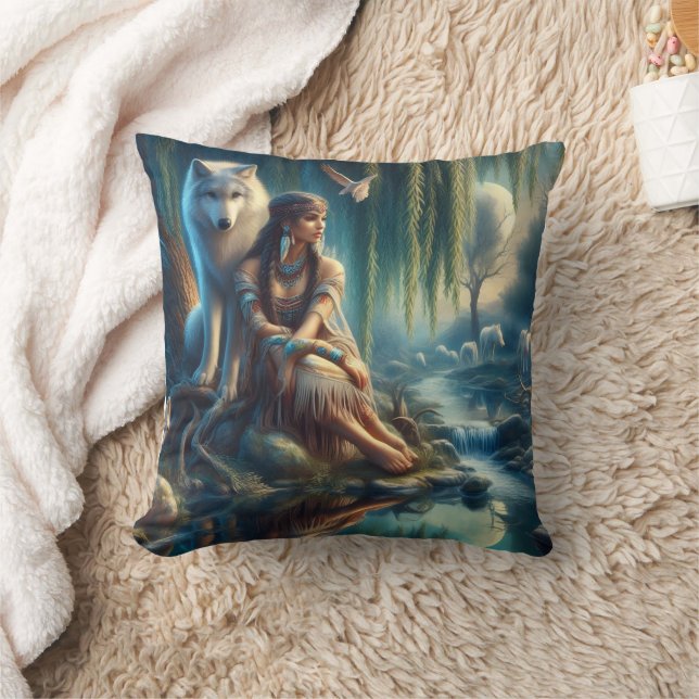 Native American Woman Relaxing by Water With Wolf Throw Pillow (Blanket)