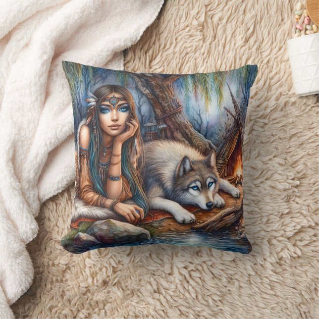 Native American Woman Relaxing With Wolf by River Throw Pillow (Blanket)