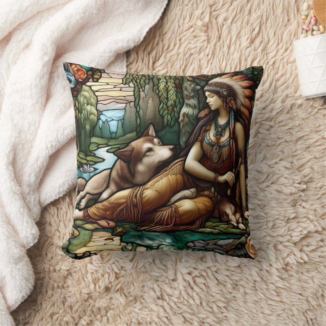 Native American Woman Relaxing With Wolf in Nature Throw Pillow (Blanket)