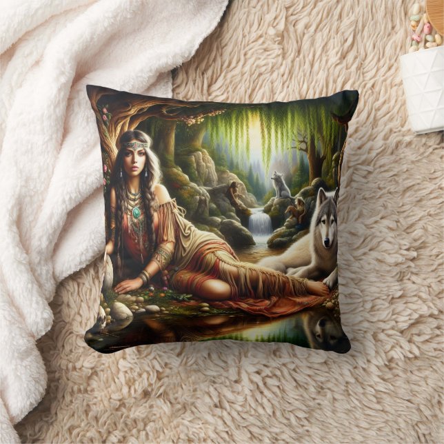 Native American Woman Resting With Wolf by Stream Throw Pillow (Blanket)