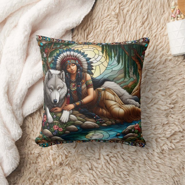 Native American Woman Resting With Wolf by Water Throw Pillow (Blanket)