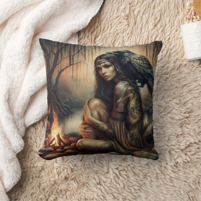 Native American Woman Seated by Fire With Raven Throw Pillow (Blanket)