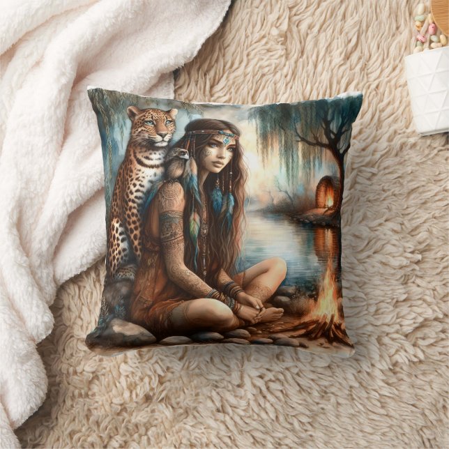 Native American Woman Seated by River With Tiger Throw Pillow (Blanket)