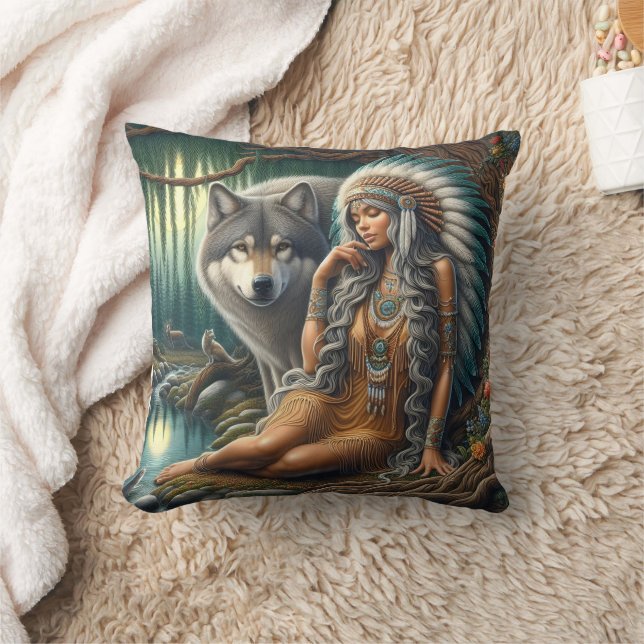 Native American Woman Seated With Wolf in Forest Throw Pillow (Blanket)