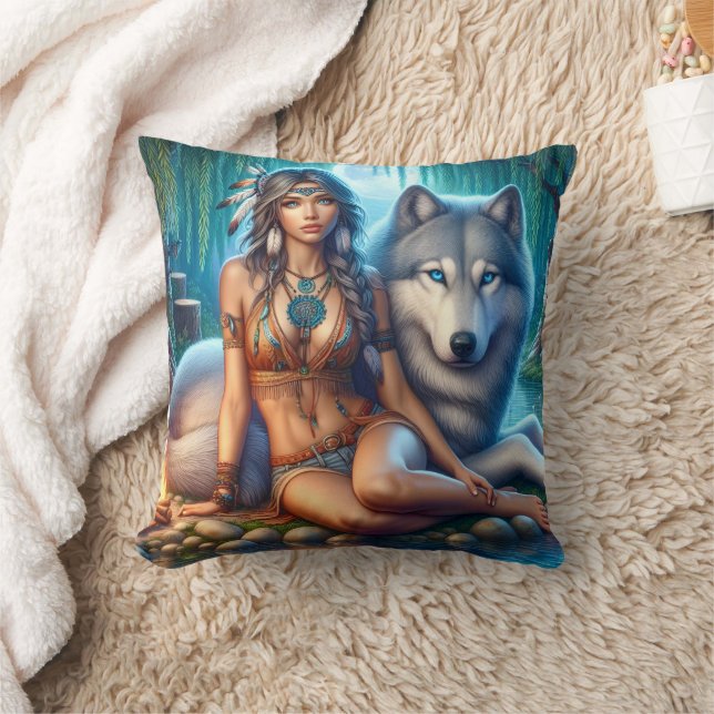 Native American Woman Sitting Beside A Wolf Throw Pillow (Blanket)