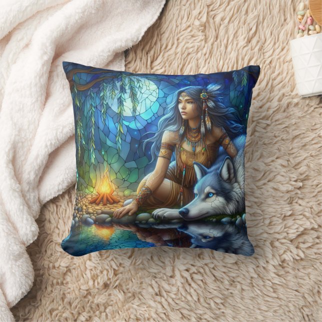 Native American Woman Sitting Beside A Wolf Throw Pillow (Blanket)