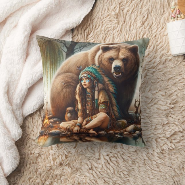 Native American Woman Sitting by Bear in Nature Throw Pillow (Blanket)
