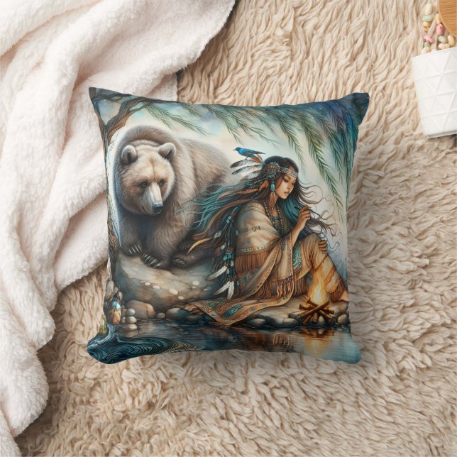 Native American Woman Sitting By Fire With Bear Throw Pillow (Blanket)