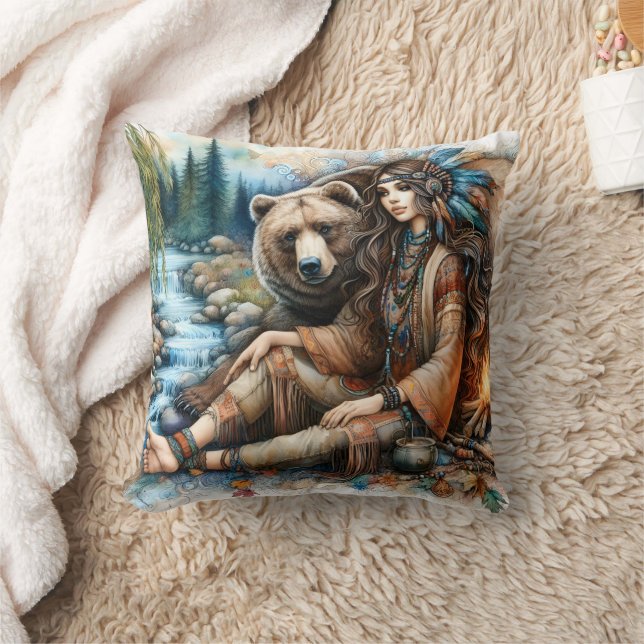 Native American Woman Sitting by River With Bear Throw Pillow (Blanket)