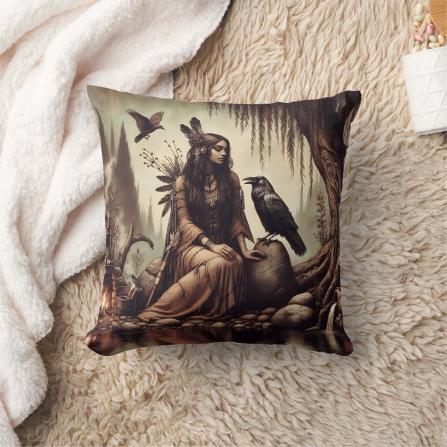 Native American Woman Sitting by River With Raven Throw Pillow (Blanket)