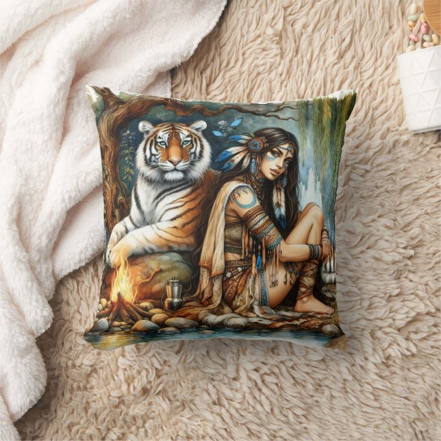 Native American Woman Sitting By River With Tiger Throw Pillow (Blanket)
