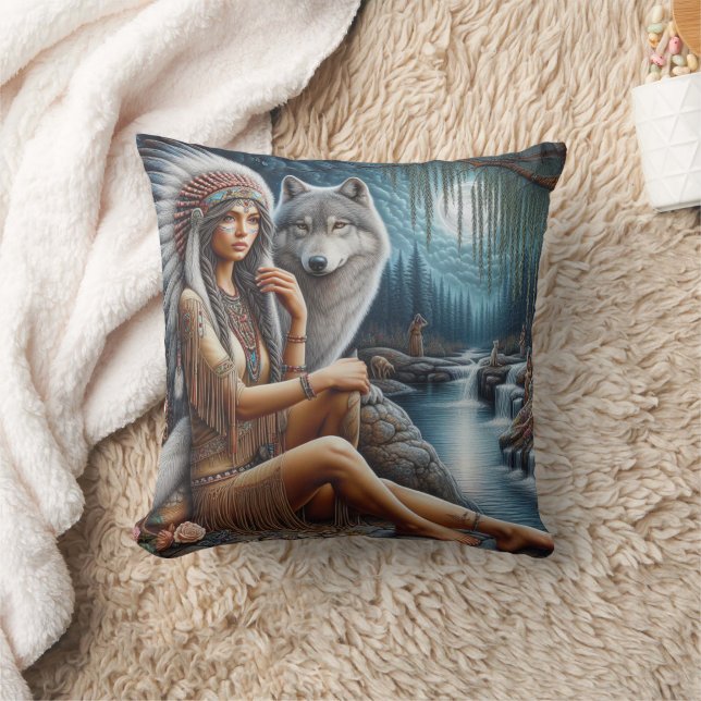 Native American Woman Sitting By River With Wolf Throw Pillow (Blanket)