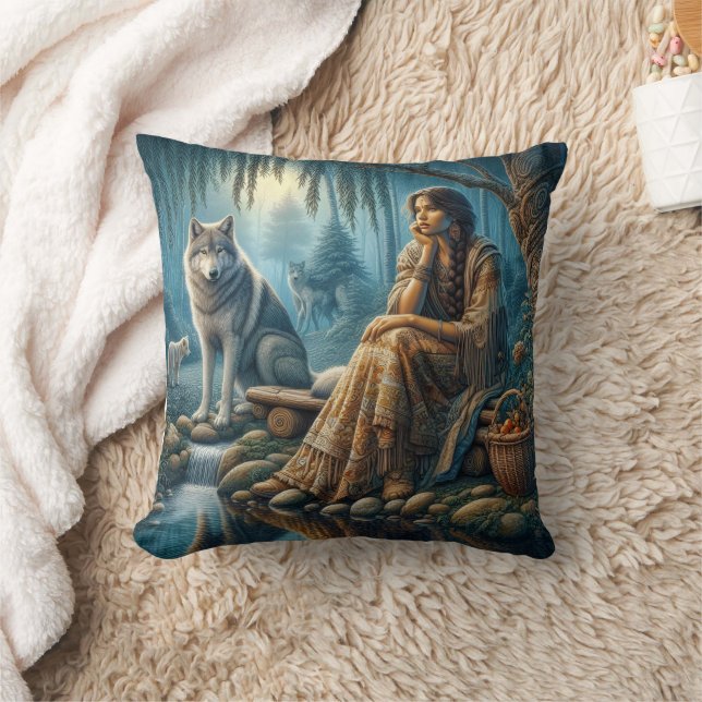 Native American Woman Sitting By Stream With Wolf Throw Pillow (Blanket)