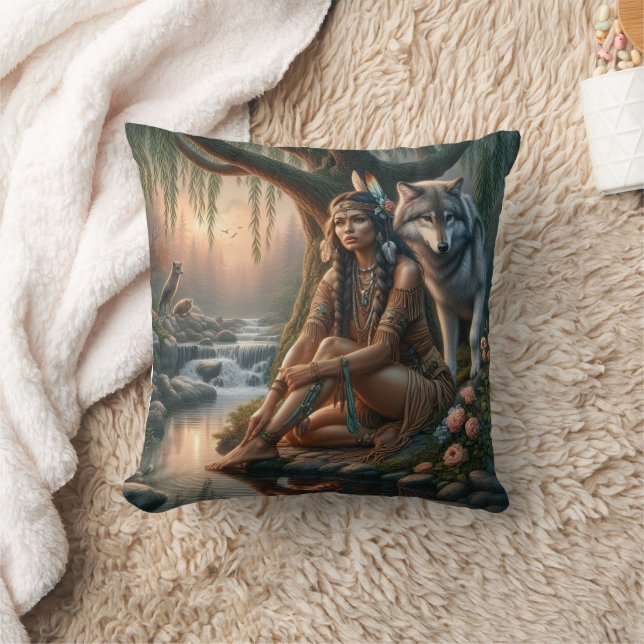 Native American Woman Sitting by Stream With Wolf Throw Pillow (Blanket)
