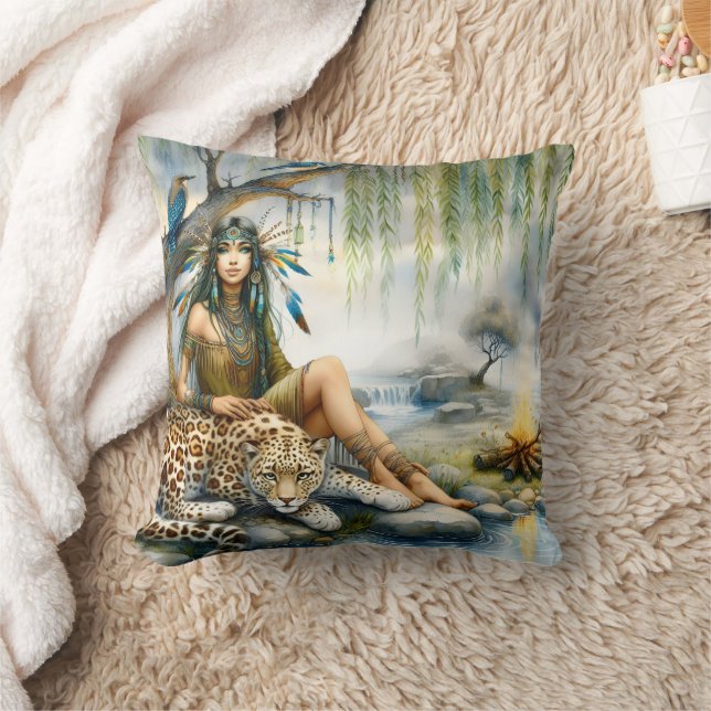 Native American Woman Sitting By Water With Tiger Throw Pillow (Blanket)