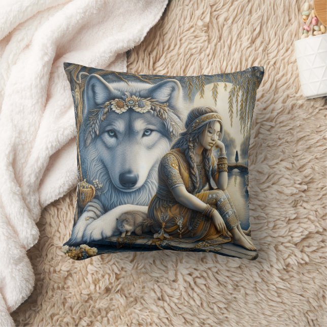 Native American Woman Sitting by Water With Wolf Throw Pillow (Blanket)