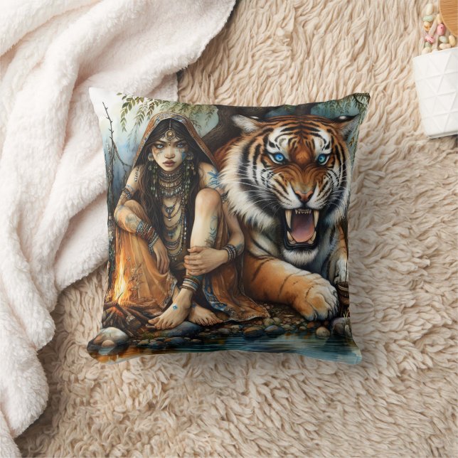 Native American Woman Sitting Next To A Tiger Throw Pillow (Blanket)