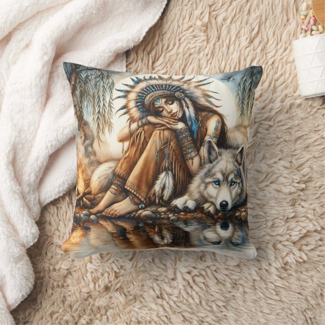 Native American Woman Sitting With A Wolf By Water Throw Pillow (Blanket)