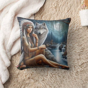 Native American Woman Sitting With A Wolf By Water Throw Pillow