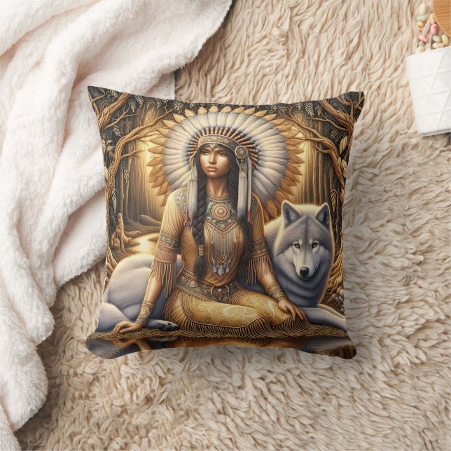 Native American Woman Sitting With a Wolf Throw Pillow (Blanket)