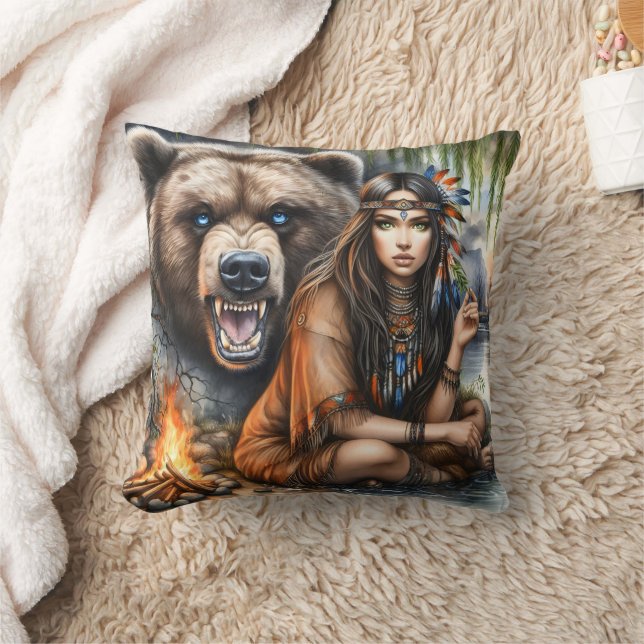 Native American Woman Sitting With Bear at River Throw Pillow (Blanket)