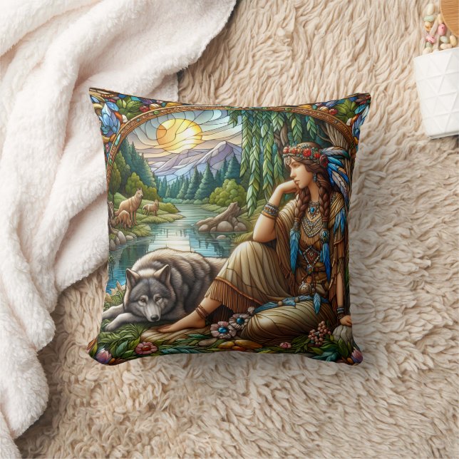 Native American Woman Sitting With Wolf By River Throw Pillow (Blanket)