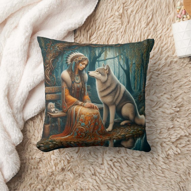 Native American Woman Sitting With Wolf In Forest Throw Pillow (Blanket)