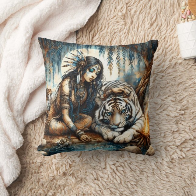 Native American Woman With a Tiger in Nature Throw Pillow (Blanket)