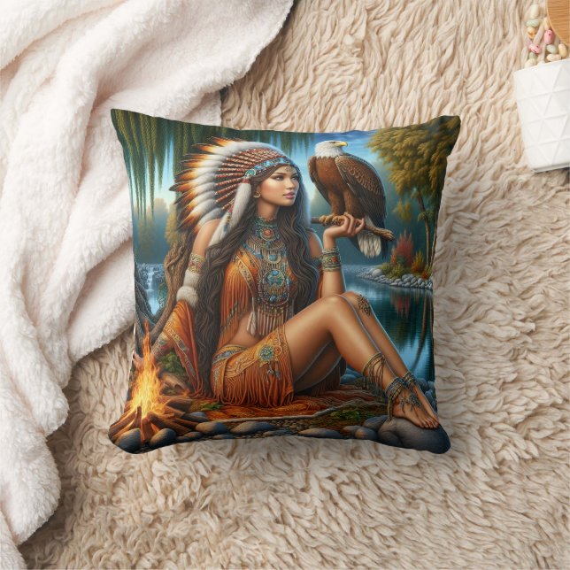 Native American Woman With An Eagle By A River Throw Pillow (Blanket)