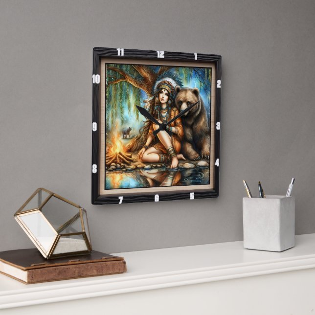 Native American Woman With Bear By Campfire Square Wall Clock (Office)