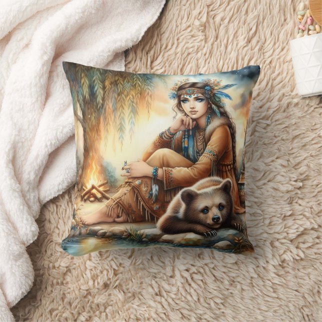 Native American Woman With Bear by Campfire Throw Pillow (Blanket)