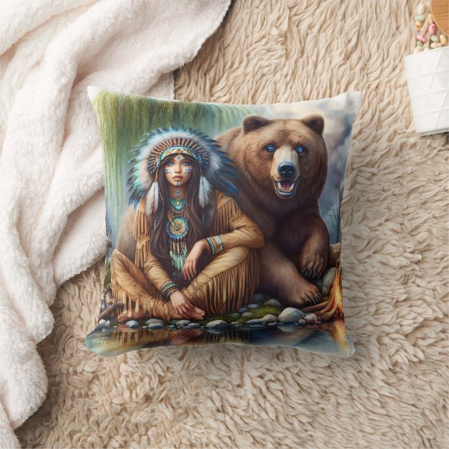 Native American Woman With Bear by Water Throw Pillow (Blanket)