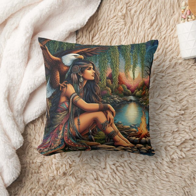 Native American Woman With Eagle By River At Dusk Throw Pillow (Blanket)