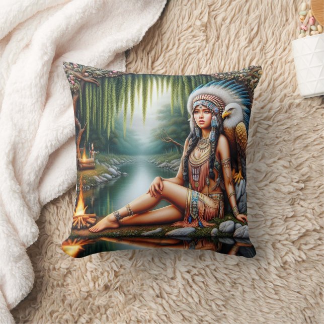 Native American Woman With Eagle By Tranquil River Throw Pillow (Blanket)