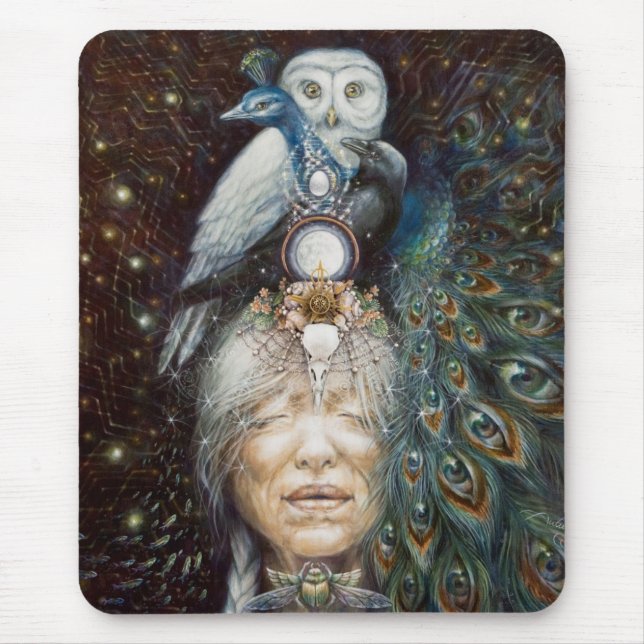 native american woman with owl and peacock mouse pad (Front)