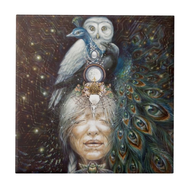 native american woman with owl and peacock tile (Front)